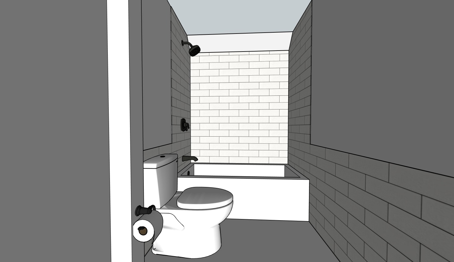 3D SketchUp design render showing alternate angle of planned bathroom with subway tile and sliding glass door in Carrboro NC